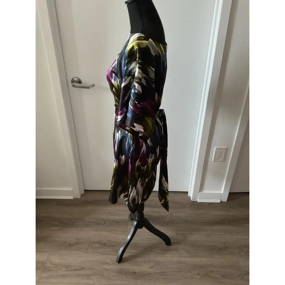 BCBGMAXAZRIA Multicolor Abstract Satin Sheath Dress Belted Boat Neck Sz M